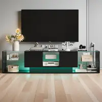 ProximaX 200cm TV-Schrank mit RGB LED-Beleuchtung, Griffloses Design Fernsehtisch, Lowboard mit Glasregalen, Moderner Wohnzimmerschrank, Schwarz