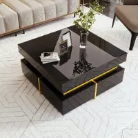 LVHOM Couchtisch hochglanz mit Schubladen, Beistelltisch Scandi, Wohnzimmertisch Holz, 70x70x35,5cm, Schwarz