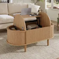 MODFU Couchtisch multifunktionaler Verstellbarer Beistelltisch Wohnzimmertisch mit Stauraum Vintage-Stil Ovaler Kaffeetisch Beine aus Massivholz für das Wohnzimmer geeignet Eiche