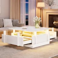 Merax Couchtisch mit 2 Schubladen und LED-Beleuchtung, Wohnzimmertisch mit Acryl-Trennwand, quadratischer Sofatisch aus MAF, Hochglanz Weiß