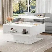 Merax Hochglanze Couchtisch mit LED-Beleuchtung, höhenverstellbare Beistelltisch mit Stauraum, Sofatisch aus MDF, Wohnzimmertisch, Weiß