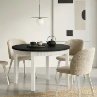 Dekori.Interiors Runder ausziehbarer Esstisch Schwarz RAVO 90/140 cm, Weiß mit geriffelten Beinen aus Buchenholz – modern