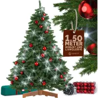 Casaria Premium Weihnachtsbaum 150cm Set mit Christbaumkugeln 54 Stück rot 20m Lichterkette kaltweiß FSC-zertifiziert naturgetreu Holzständer Baum