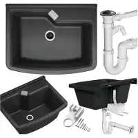 Granitan - Waschbecken - Spülbecken 59x45 cm - Schwarz - mit Armatur und Siphon - VELORA