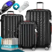 Monzana 3tlg. Kofferset Schloss Wäsche Organizer Kofferwaage Gurt Gel-Griffe Zwillingsrollen Standfüße Trolley Reisekoffer Hartschalen Koffer M-L-XL, Farbe:schwarz