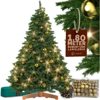 Casaria Premium Weihnachtsbaum 180cm Set mit Christbaumkugeln 100 Stück gold 40m Lichterkette warmweiß FSC-zertifiziert naturgetreu Holzständer Baum
