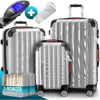 Monzana 3tlg. Kofferset Schloss Wäsche Organizer Kofferwaage Gurt Gel-Griffe Zwillingsrollen Standfüße Trolley Reisekoffer Hartschalen Koffer M-L-XL, Farbe:silber