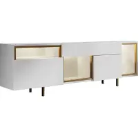 Skye Decor , Hochwertiger TV-Ständer, 180 cm, Weiß & Gold | 100% melaminbeschichtete Spanplatte, 18 mm dick | Metallbeine, Wandmontage, LED-Beleuchtung, Fernbedienung, modern & funktional.
