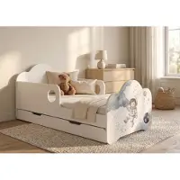 Happy Babies Kinderbett 140x70 cm mit Schublade Matratze Bettkasten Kinderbett Weiß Rausfallschutz Komplettset, Platz, Aufkleber
