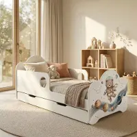 Happy Babies Kinderbett mit Rausfallschutz Junge 160x80 Bett für Kinderzimmer mit Schublade Matratze Einzelbett für Kinder Weiss, Teddybär