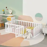 Flieks Kinderbett Bodenbett Holzbett mit Rausfallschutz und Tür, Spielbett Einzelbett für Kinder 90x200cm, Weiß