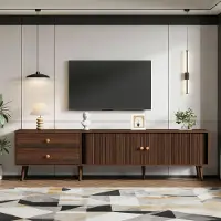 Merax TV-Schrank mit 2 Schubladen und 2 Rolltüren, TV-Lowboard mit 8 Standfüße, Lowboard Wohnzimmerschrank für Fernseher bis 80 Zoll, Walnussholz