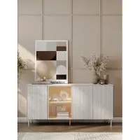 Yourhouse24 XXL Sideboard / Kommode LIBA LB-03 (195 cm) – Weiß geriffelt &amp;amp;amp; Glas inkl. LED