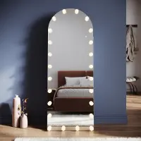 Sonni 160 x 60 x 3,5 cm Weiß gewölbter Stand-Schminkspiegel mit LED-Glühbirnenbeleuchtung und Steckdose, unterstützt Wandmontage
