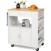 Costway Küchenwagen auf Rollen, Servierwagen mit Arbeitsplatte, Handtuchhalter, 3 Gewürzregalen & Schublade, Kücheninsel Küchenschrank Holz Weiß