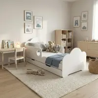 Happy Babies Kinderbett mit Rausfallschutz Junge 160x80 Bett für Kinderzimmer mit Schublade Matratze Einzelbett für Kinder Weiss