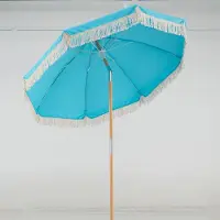 KOMFOTTEU Boho Sonnenschirm, 180 cm Strandschirm mit Fransen, automatischer Öffnungsknop & Buchenholz-Mittelstange, beidseitig um 30°knickbar, Terrassenschirm für Garten, Balkon & Terrasse