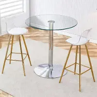 STILVORA Glastisch mit 89 cm Durchmesser, transparente Optik schafft visuelle Weite und spart Platz, Barhocker-Set mit 2 Stühlen und goldfarbenen Beinen, Bar-Set vielseitig einsetzbar, Transparent