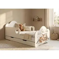 Happy Babies Kinderbett mit Rausfallschutz Junge 160x80 Bett für Kinderzimmer mit Schublade Matratze Einzelbett für Kinder Weiss, Aufkleber, Tiere