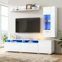 Merax TV-Wohnwand Set 3-teilig mit LED-Beleuchtung, Hochglanz Wohnzimmermöbelbmit TV-Schrank, Vitrine 100 cm und Wandregal, Für Fernseher bis 80',Weiß