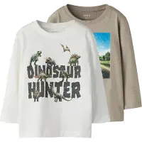 Name it Langarmshirt "NMMVOTO 2P LS NREG TOP", Jungen, Gr. 98, beige (vintage khaki pack:cloud dancer), Jersey, Obermaterial: 100% Baumwolle, bedruckt, normal normal, Rundhals, Shirts Langarmshirt