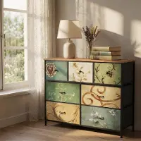 ProximaX Kommode mit 7 Schubladen, Retro Blumenmuster, Stabiler Stahlrahmen, Stoffschubladen, Stauraumschrank für Schlafzimmer/Wohnzimmer, 100x30x78cm