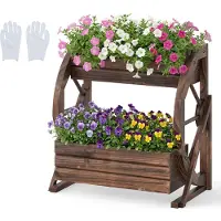 Costway Blumenkasten, Hochbeet Holz, Pflanzkübel mit Wagenrad, 2 Etagen, Ablauflöchern&Halbrädern, Blumenbeet Gartenbeet, rustikal Deko 56x33x56,5cm