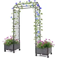 Costway Blumenkasten, 2 in 1 Rosenbogen mit Rankgitter, hängendem Dach, Spalier&2 Pflanzkästen, Gartenbogen auf Rollen, Metall & PP-Rattan, Grau