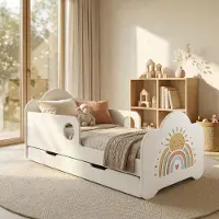 Happy Babies Kinderbett mit Rausfallschutz Junge 160x80 Bett für Kinderzimmer mit Schublade Matratze Einzelbett für Kinder Weiss, bunte Aufkleber