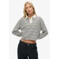 Superdry für Damen. W6012175A Gestreiftes Poloshirt Rugby beige (XL), Lässig, Baumwolle, Langarm