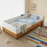 Great han Polsterbett Einzelbett 90x200cm Weiß Samt und Holz Design mit 2 Stautaschen Antikollisions Schwammkante Stabiler Bettrahmen ohne Matratze