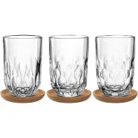 Leonardo Gläser-Set "Latte Macchiato-Set GOCCE, 380 ml, 6-teilig", transparent, H:11,9cm Ø:7,9cm, Glas, Trinkgefäße, Gläser-Set, 3 Gläser mit unterschiedlichem Tropfenrelief, inkl. Kork-Untersetzer