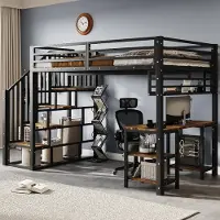 Sweiko Eisenbett, Hochbett, Treppen mit Handläufen, Mit Schreibtisch und Aufbewahrungsregal, Stabile Lattenroste, Eisen + Spanplatte, Schwarz+dunkl, 120x200cm