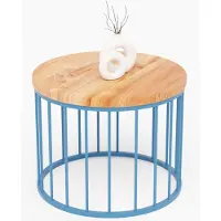 LAMO Manufaktur Couchtisch rund aus Holz 50 x 40 cm - Beistelltisch rund, Wohnzimmertisch, Sofatisch - kleiner Tisch, modern coffee table, Beistelltisch metall - Farbe: Dunkel, Beine: Blau