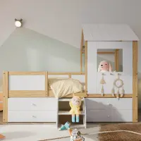 Merax Kinderbett 90x200cm mit Leiter und 4 Schubladen, Hochbett mit Rausfallschutz, Dach und Fenster, Kieferholzbett Jugendbett Kinderhaus Weiß/Natur