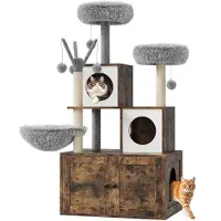 StarTech.com Katzenklo-Schrank mit Kratzbaum - Kratzbaum mit Häuschen - 4 Ebenen - Sisal-Kratzstamm - Weiche Plüsch-Liegefläche - Braun