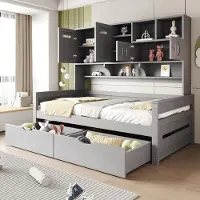 ALFORIGO Schlafsofa 90 x 200 cm mit Stauraum über dem Bett, 2 großen Schubladen, 15-Latten-Lattenrost, bis 150 kg, Kiefernholz/Sperrholz/MDF, Grau