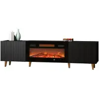 Mirjan 24 TV-Lowboard Pafos 180 mit Kamin, Stilvoll Schlafzimmer Kollektion, TV-Schrank, Modern TV-Kommode (Farbe: Schwarz / Gold Füße, mit Kamin Schwarz)