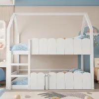 ALFORIGO Hochbett 90x200 cm, Holz, Kinderbett mit Hausrahmen und Geländer, Jugendbett mit Lattenrost und Bereich unter der Liegefläche, weiß