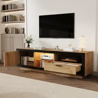 MODFU TV Schrank Holz,160×50×40 cm,Lowboard mit LED und Glasböden,TV-Regal für 70/65/55 Zoll,Schwarz+Eiche