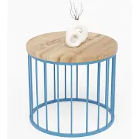 LAMO Manufaktur Couchtisch rund aus Holz 50 x 45 cm - Beistelltisch rund, Wohnzimmertisch, Sofatisch - kleiner Tisch, modern coffee table, Beistelltisch metall - Farbe: Nussbaum, Beine: Blau
