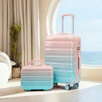 OKWISH 2er-Set Trolleys mit Kosmetiktasche und Zahlenschloss, Klassische Koffer,14/20‑Zoll, Rosa