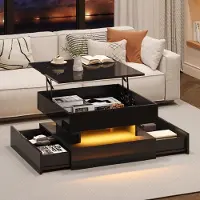 Novavision 65 x 65 x 38.5 cm anhebbarer Wohnzimmertisch,Couchtisch mit LED-Lichtleiste, Sofatisch mit 2 Schubladen, Kaffeetisch mit geometrischem Design