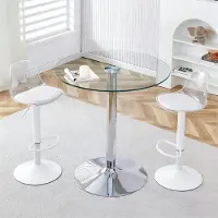 STILVORA Glastisch mit 89 cm Durchmesser und transparenter Optik, Hocker-Set mit 2 Hockern und weißen Beinen sowie höhenverstellbar und 360° drehbar, Bar-Set mit vielseitiger Nutzbarkeit