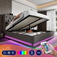 Youjia Polsterbett Doppelbett 180*200 cm,Grau Baumwolle-Material Hydraulisches Stauraumbett, gepolstertes Kopfteil mit USB Typ-C Ladefunktion