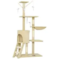 Moonbite Kratzbaum für Katzen mit Höhle und Schlafnest, 4 Mäusespielzeuge, Sisalstämme, große Plattform, Treppe, für Katzen bis 5 kg, Plüschbezug, Beige