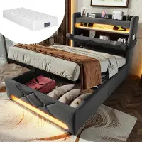 Youjia Polsterbett Einzelbett 90*200, Stauraum Kopfteil mit USB und Typ C-Port ,360-Surround-LED-Funktion rund um Kopf- und Fußende des