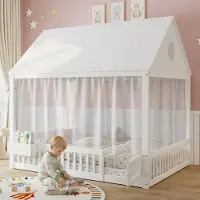 Youjia Einzelbett, Kinderbett, Filigrane Fenster- und Dachdetails, Mit dekorativen weißen Vorhängeschirmen und einem kleinen Stauraumfach