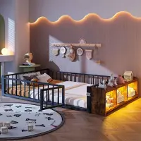 Ulife Kinder-Metallbett mit Schutzgeländer und LED-Streifen, ideal als Flachbett mit Eisenstruktur und Schließfächern, ohne Matratze - 140 x 200 cm, Schwarz