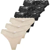 ONLY String "String ONLCHLOE LACE THONG 6P 6er Pack", Damen, Gr. XS, bunt (schwarz, beige), Obermaterial: 75% Polyamid PA. 25% Elasthan EL., Unterhosen String